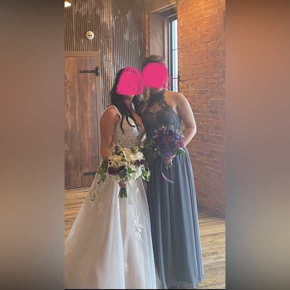 Azazie Prue Dress - “A Line” Lace Chiffon Floor Length - Steel Gray - Size 6 - Picture 9 of 11